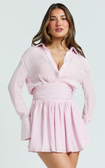Valerie Mini Dress - Collared Long Sleeve Waist Shirt Dress in Pink