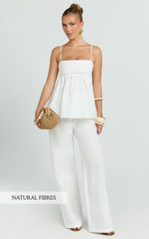 Valerie Two Piece Top and Pants Set - Baby Doll Top And Relaxed Pants Set in Off White