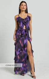 Velma Maxi Skirt - Recycled Tiered Ruffle Thigh Split Skirt in Violet Night Print