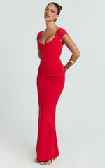 Veronika Maxi Dress - Off Shoulder Plunge High Split Dress in Red