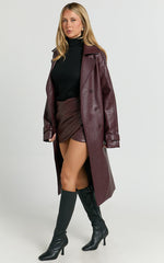 Vicki Trench Coat - Faux Leather Washed Trench Coat in Wine