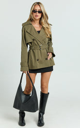 Vicky Jacket - Short Belted Trench Coat in Olive