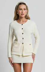 Vinny Two Piece Set - Scoop Neck Cardigan and Mini Skirt Knit Set in White