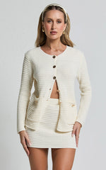 Vinny Two Piece Set - Scoop Neck Cardigan and Mini Skirt Knit Set in White