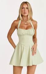 Vionette Mini Dress - Halter Neck Ruched Bust Corset Dress in Sage