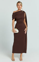 Visenta Midi Dress - Asymmetrical Sleeve Dress in Brown