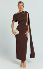 Visenta Midi Dress - Asymmetrical Sleeve Dress in Brown