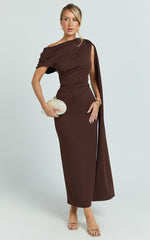 Visenta Midi Dress - Asymmetrical Sleeve Dress in Brown