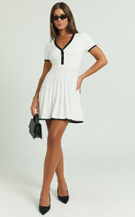 Vivienne Mini Dress - Short Sleeve Pleated Skirt Knitted Dress in Cream