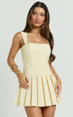 Wallace Mini Dress - Square Neck Wide Strap Drop Waist Pleated Dress in Lemon
