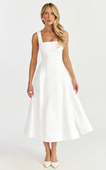 Walters Midi Dress - Square Neck Shirred Back Fit and Flare Panel Dress in White