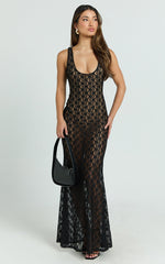 Wanda Maxi Dress - Lace Scoop Neck Low Back Bodycon Dress in Black
