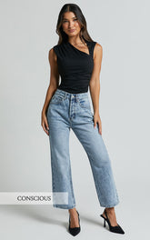 Wilkins Jeans - High Waisted Straight Leg Cropped Hem Jeans in Mid Blue Wash