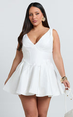 Yara Mini Dress - Plunge Corset Front V Waist Fit And Flare Dress in White