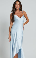 Ylona Midi Dress - Asymmetric Draped Bias Cut Satin Slip Dress in Ice Blue
