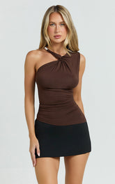 Yonca Top - Twist Asymmetrical Top With Gold Hardware Trim in Chocolate