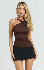 Yonca Top - Twist Asymmetrical Top With Gold Hardware Trim in Chocolate