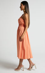 Yulia Midi Dress - One Shoulder Shirred Waist Dress in Orange