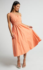 Yulia Midi Dress - One Shoulder Shirred Waist Dress in Orange