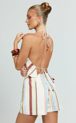 Yuri Two Piece Top and Shorts Set - Stripe Print Halter Top And Tailored Shorts Set in Choco Retro Stripe