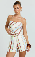 Yuri Two Piece Top and Shorts Set - Stripe Print Halter Top And Tailored Shorts Set in Choco Retro Stripe