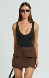Yvette Mini Skirt - High Waisted Wool Look Skirt in Chocolate