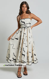 Zane Midi Dress - Sleeveless Tie Straps A Line Dress in Black and White Print