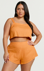 Zanrie Two Piece Set - Linen Square Neck Crop Top and High Waist Mini Flare Shorts Set in Orange