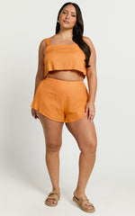 Zanrie Two Piece Set - Linen Square Neck Crop Top and High Waist Mini Flare Shorts Set in Orange