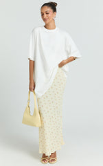 Zaya Two Piece Top and Skirt Set - Oversized Tee and Floral Sheer Midi Skirt Set in White and Yellow