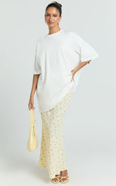 Zaya Two Piece Top and Skirt Set - Oversized Tee and Floral Sheer Midi Skirt Set in White and Yellow