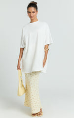 Zaya Two Piece Top and Skirt Set - Oversized Tee and Floral Sheer Midi Skirt Set in White and Yellow