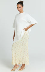 Zaya Two Piece Top and Skirt Set - Oversized Tee and Floral Sheer Midi Skirt Set in White and Yellow