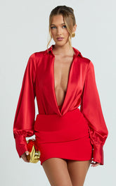 Zephyr Bodysuit - Plunge Neck Cowl Bodysuit in Red