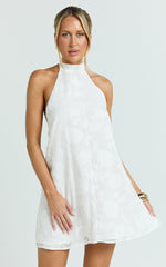 Ziva Mini Dress - Jacquard Halter A Line Dress in White