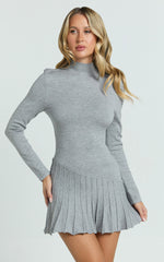 Zuri Mini Dress - High Neck Long Sleeve Drop Waist Pleat Skirt Knit Dress in Grey