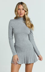 Zuri Mini Dress - High Neck Long Sleeve Drop Waist Pleat Skirt Knit Dress in Grey