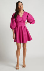 Zyla Mini Dress - Puff Sleeve Wrap Dress in Berry