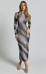 Zyra Midi Dress - High Neck Long Sleeve Mesh Dress in Tie Dye Print