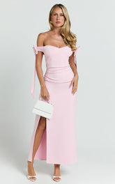 Zyriel Midi Dress - Off Shoulder Bow Sleeve Dress in Pink