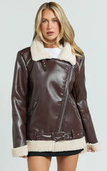 Claudette Jacket - Faux Leather Shearling Oversized Biker Jacket in Dark Chocolate