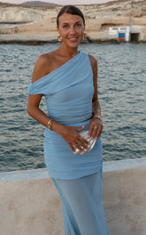 Salma Two Piece Top and Skirt Set - Georgette Asymmetric Top and Fit And Flare Maxi Skirt Set in Sky Blue