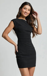 Gabbie Mini Dress - High Neck Cap Sleeve Dress in Black