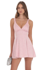 Floral Jacquard Bow Tie Dress in Dusty Pink