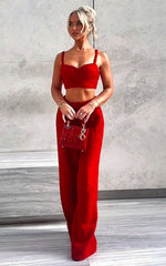 Sylvia Two Piece Set - Corset Top and High Waisted Wide Leg Pants Set in Red
