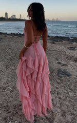 Maeve Maxi Dress - V Neck Ruffle Tier Slip Dress in Pink