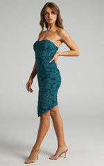Lace To Lace Midi Dress - Strapless Bodycon Dress in Emerald Lace