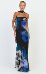 Solara Maxi Dress - Strapless Bias Column Dress with Scarf in Midnight Resort Orchid Print