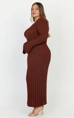 Blaire Midi Dress - Long Sleeve Tie Back Flare Dress in Chocolate