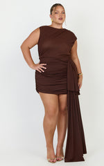Baylee Mini Dress - Gathered One Shoulder Bodycon Dress in Dark Chocolate